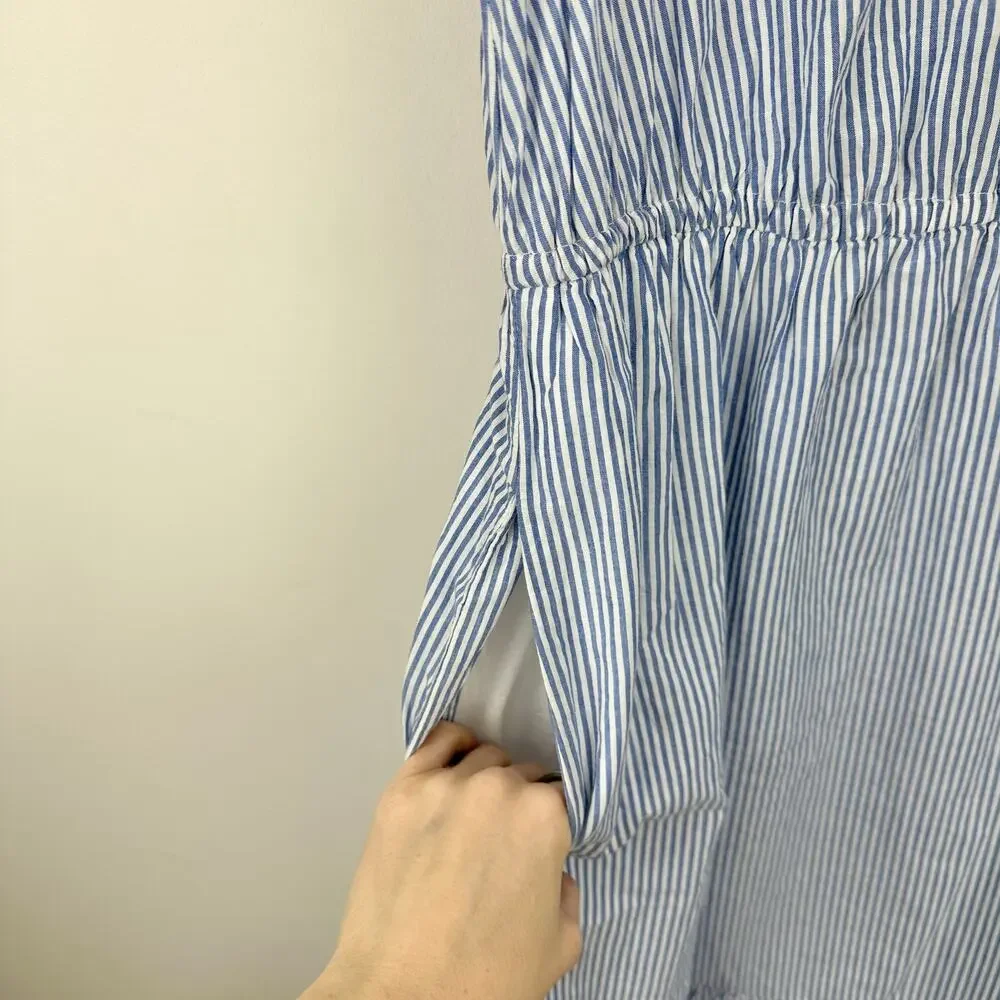 J.Crew Striped Ruffleneck Puff Sleeve Midi Dress Cotton White Blue US 8 NWT